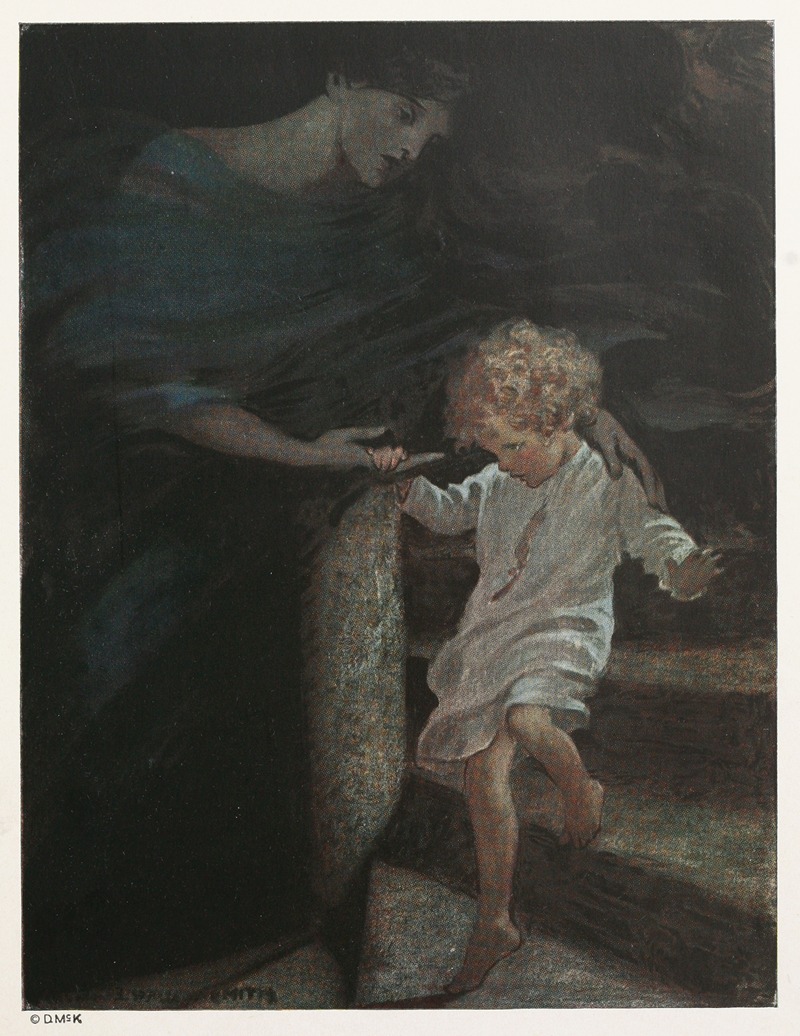 Jessie Willcox Smith - She took his hand, and giving him the broad part of the spiral stair to walk on, led him down a good way