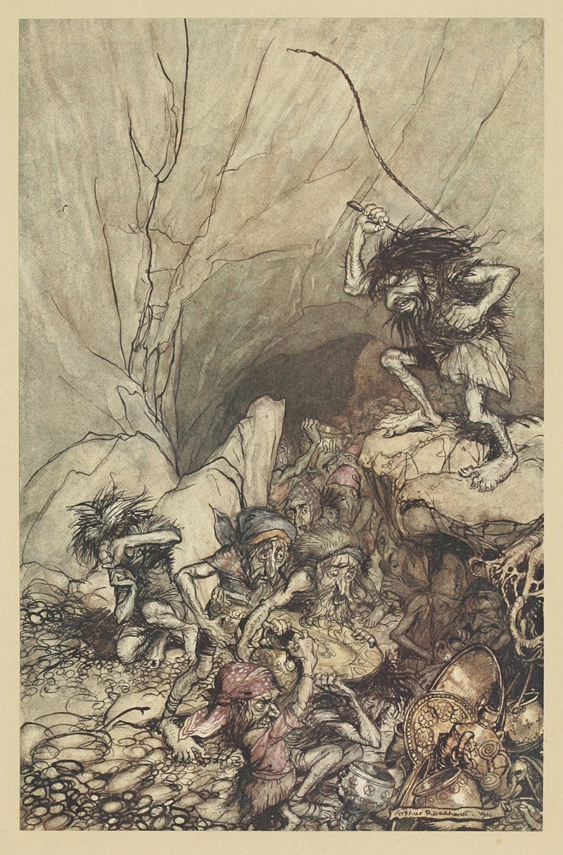 Arthur Rackham - Alberich drives in a band of Niblungs laden with gold and silver treasure