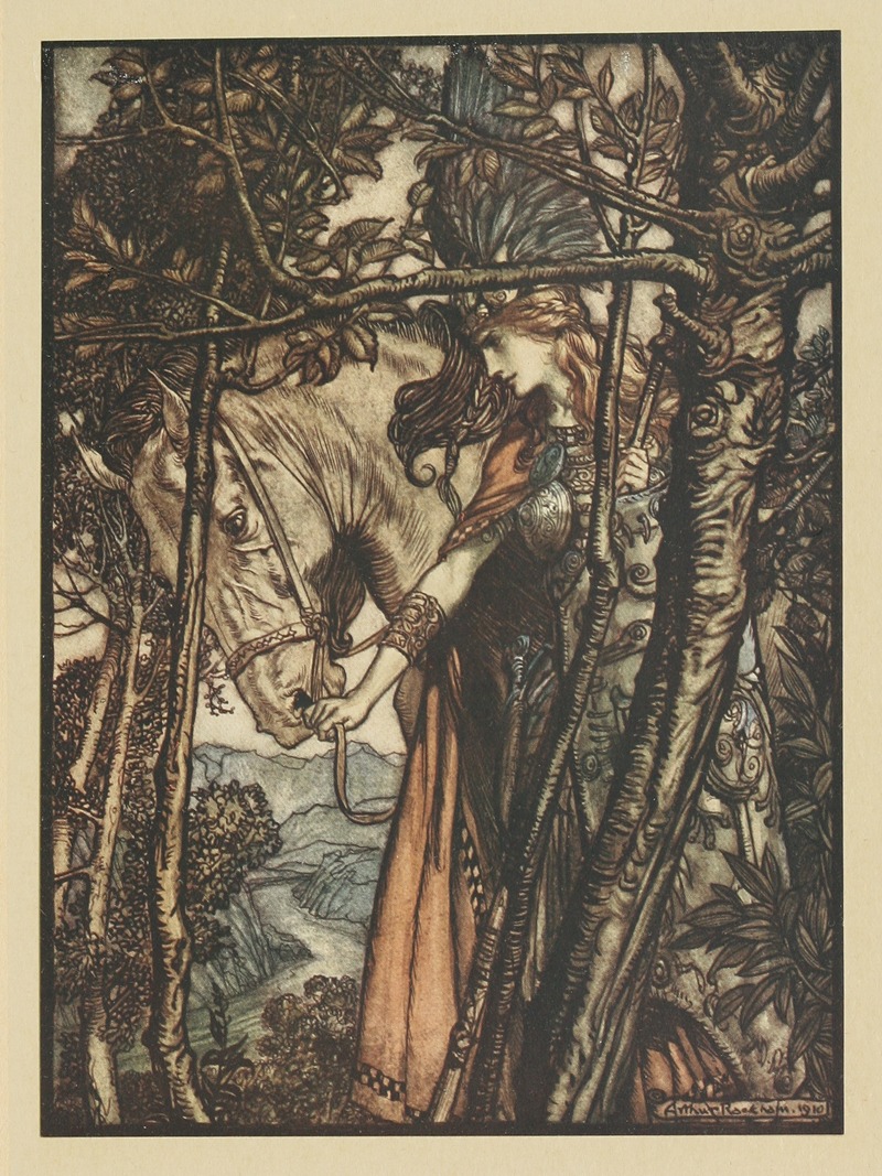 Arthur Rackham - Brunnhilde slowly and silently leads her horse down the path to the cave