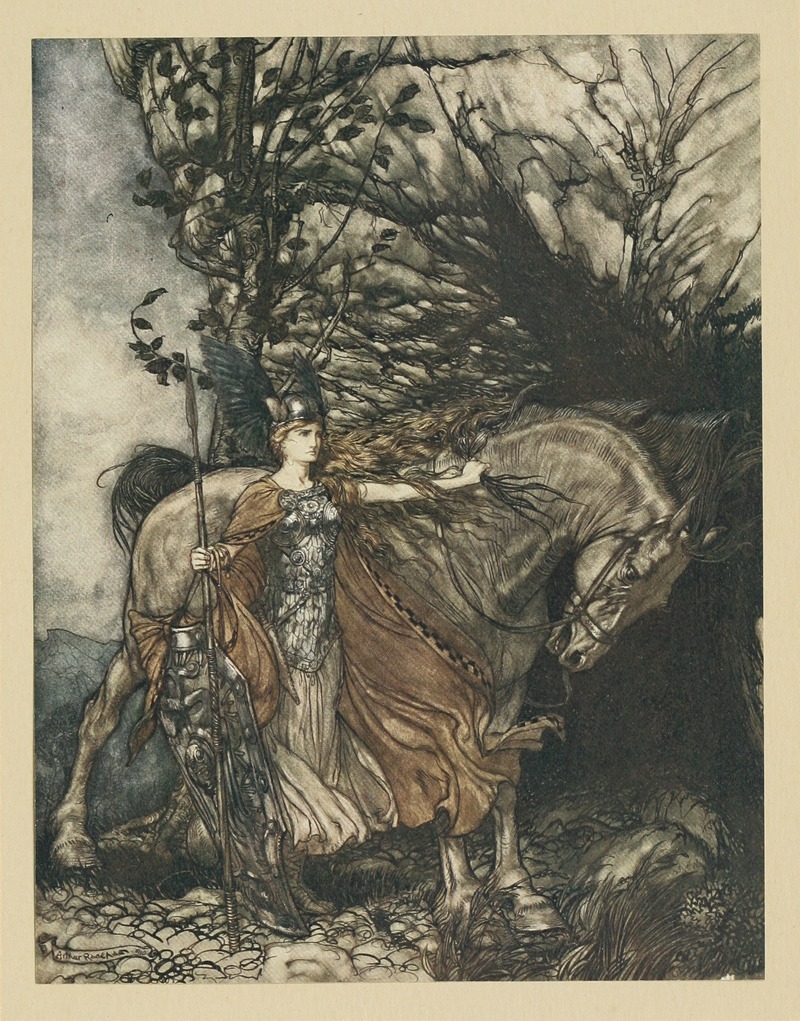 Arthur Rackham - Brunnhilde with her horse, at the mouth of the cave