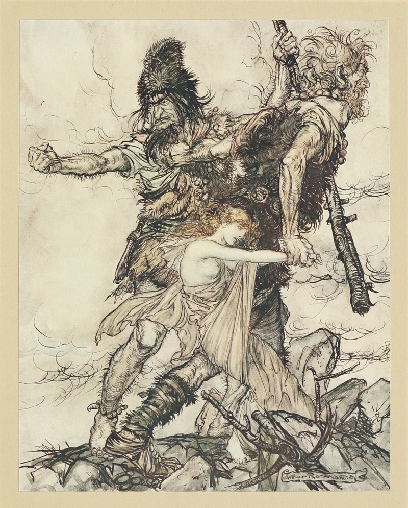 Arthur Rackham - Fasolt suddenly seizes Freia and drags her to one side with Fafner
