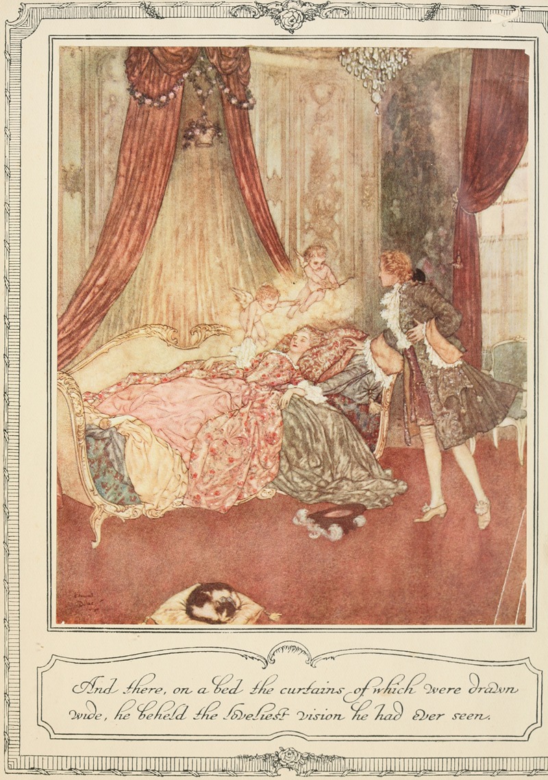 Edmund Dulac - And there, on a bed the curtains of which were drawn wide he beheld the loveliest vision he had ever seen