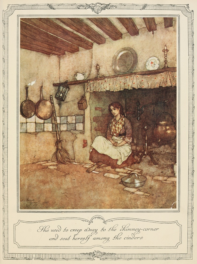 Edmund Dulac - She used to creep away to the chimney-corner and seat herself among the cinders