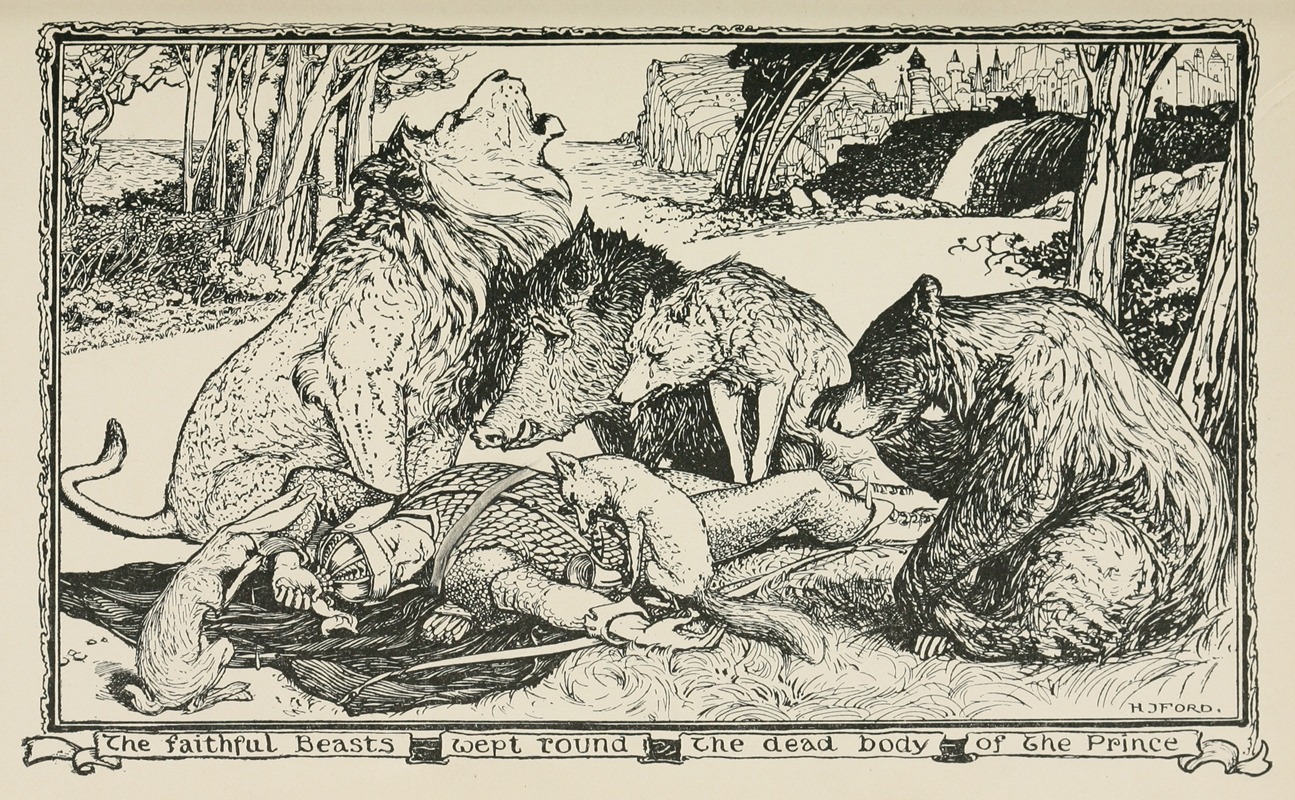 Henry Justice Ford - The faithful Beasts wept round the dead Body of the Prince