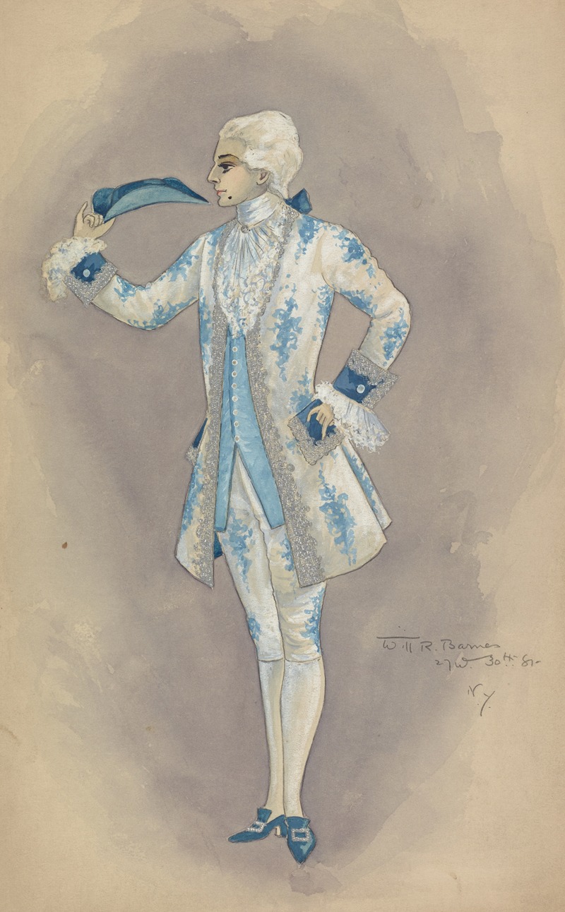 Will R. Barnes - Man in white and light blue floral justacorps and breeches with light blue waistcoat