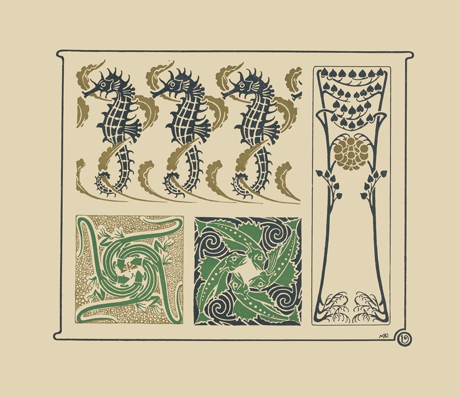 Maurice Pillard Verneuil - Abstract design based on seahorses, fish, lizards, tiny leaves.