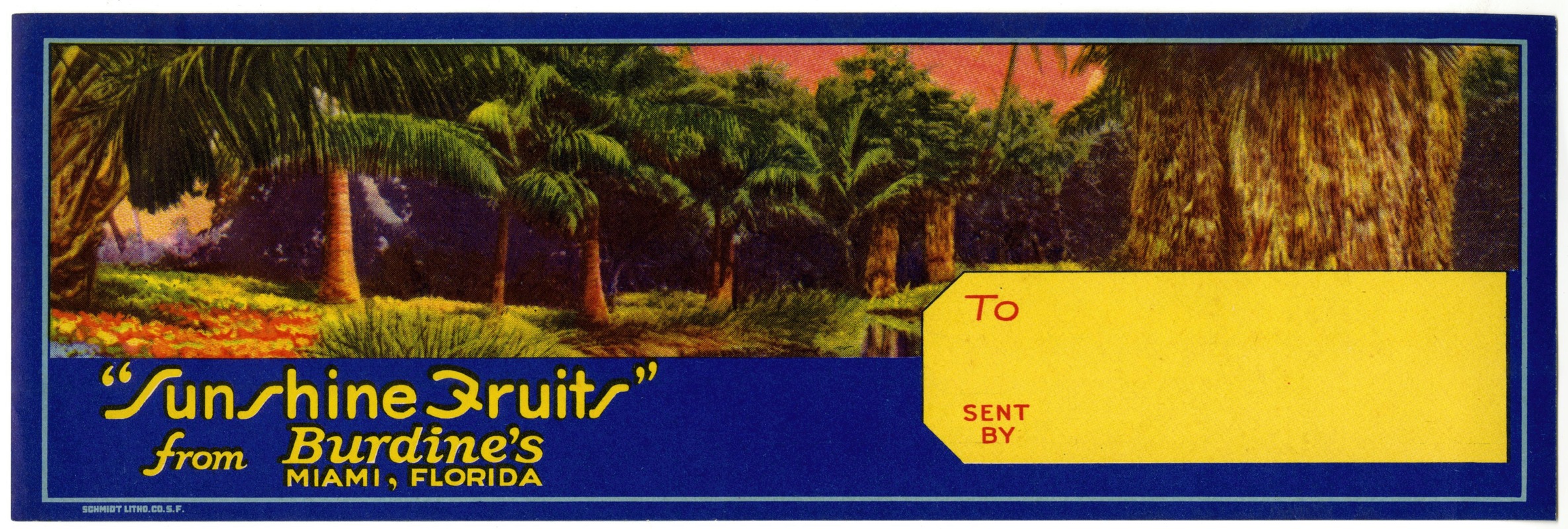 Anonymous - Gift Box Label for ‘Sunshine Fruits’ from Burdine’s Date