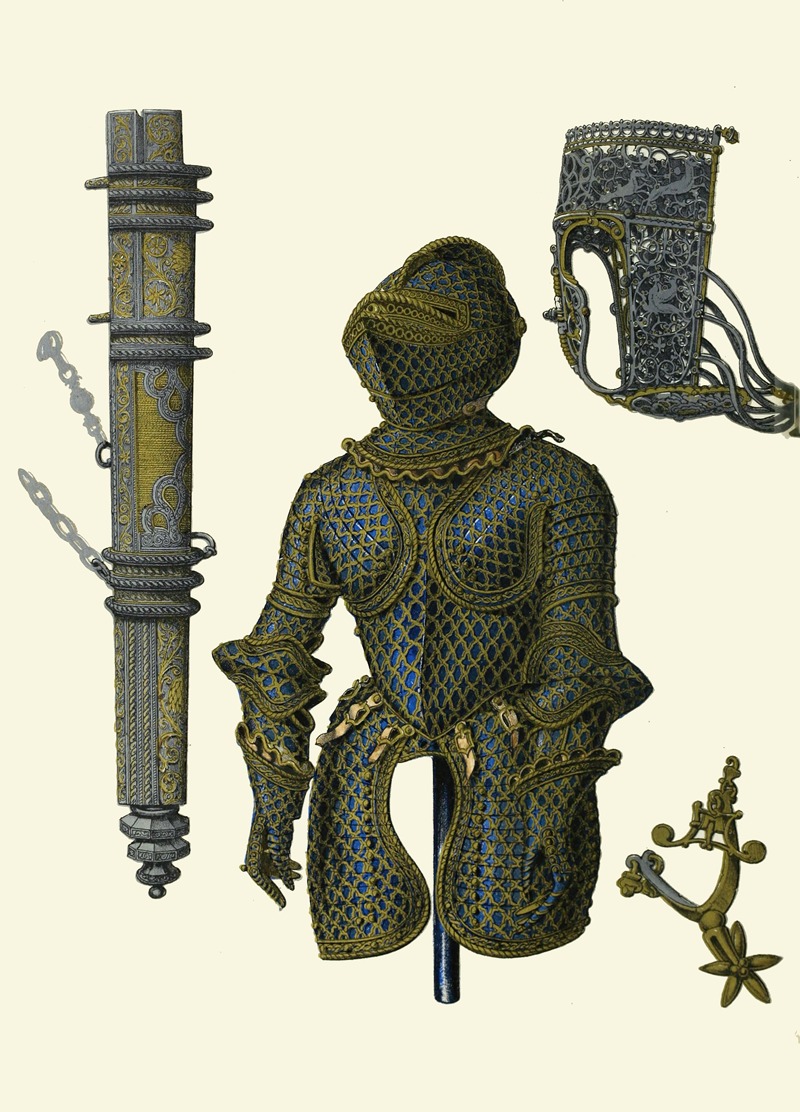 Henry Noel Humphreys - A suit of childs armour, a nose-piece for a set of horse armour, a sheath for a dagger, a gilt spur