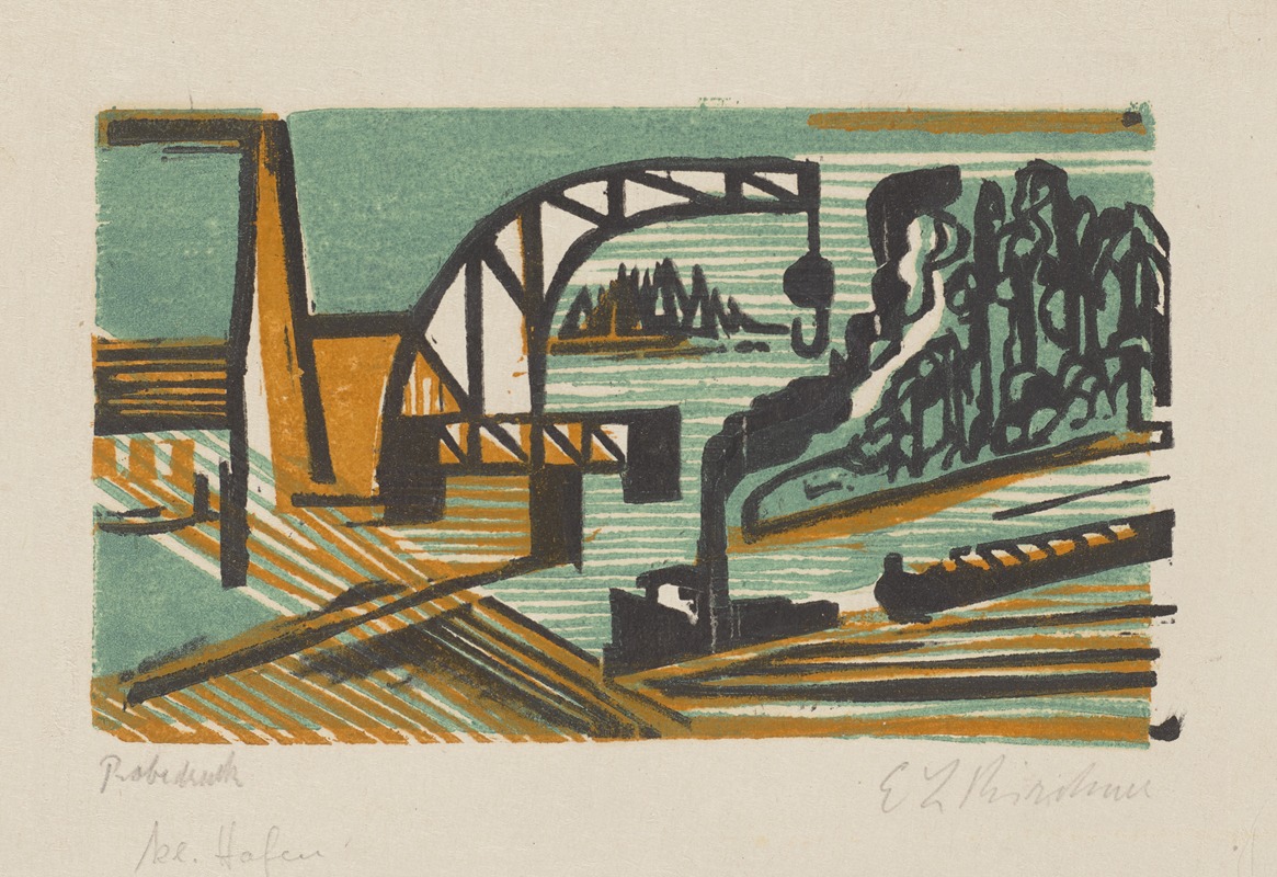 Ernst Ludwig Kirchner - Flusslandschaft mit Kran und Schleppzug