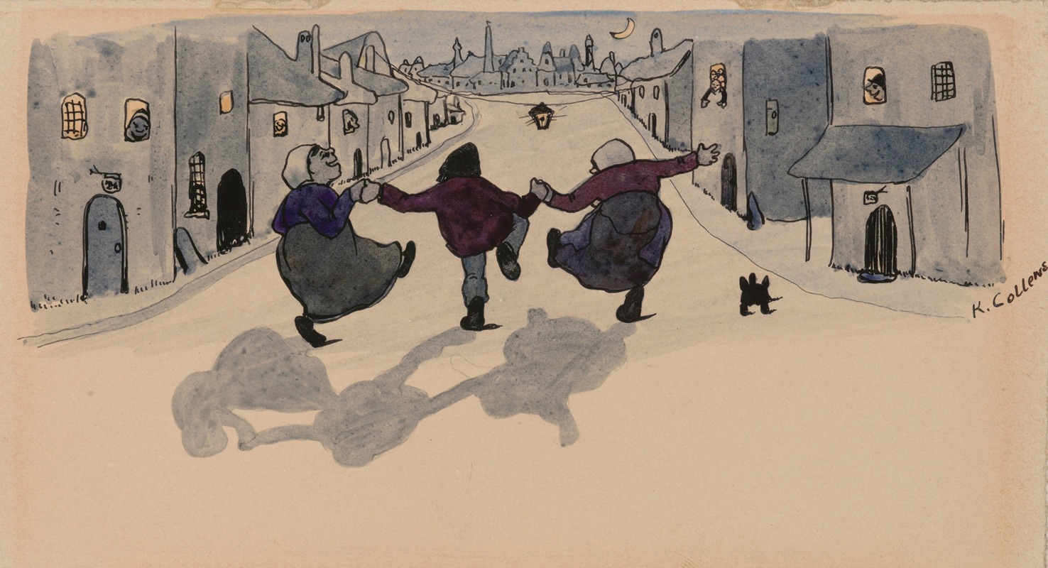 Karel Collens - Three Dancing Figures in a Nocturnal Village