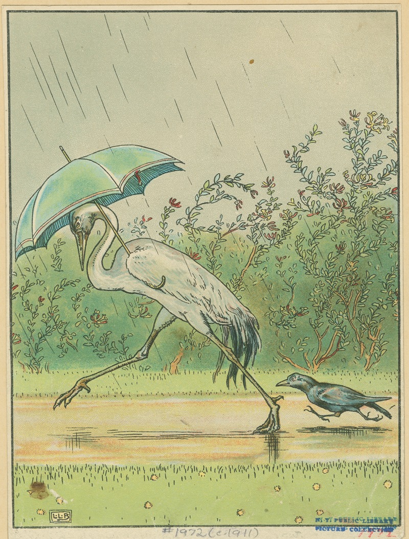 Leonard Leslie Brooke - Crane and crow with an umbrella.