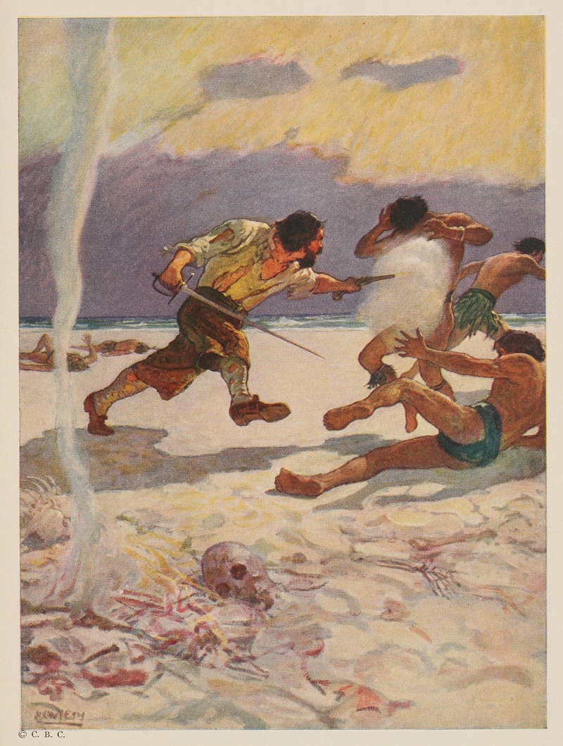 N. C. Wyeth - —and no sooner had he the arms in his hands but, as if they had put new vigor into him, he flew upon his murderers like a fury