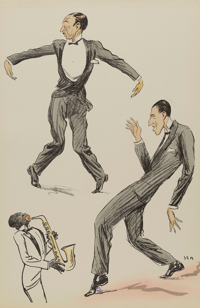 Deux hommes dansant le charleston au son d'un saxophone by Georges Goursat  (Sem) - Artvee