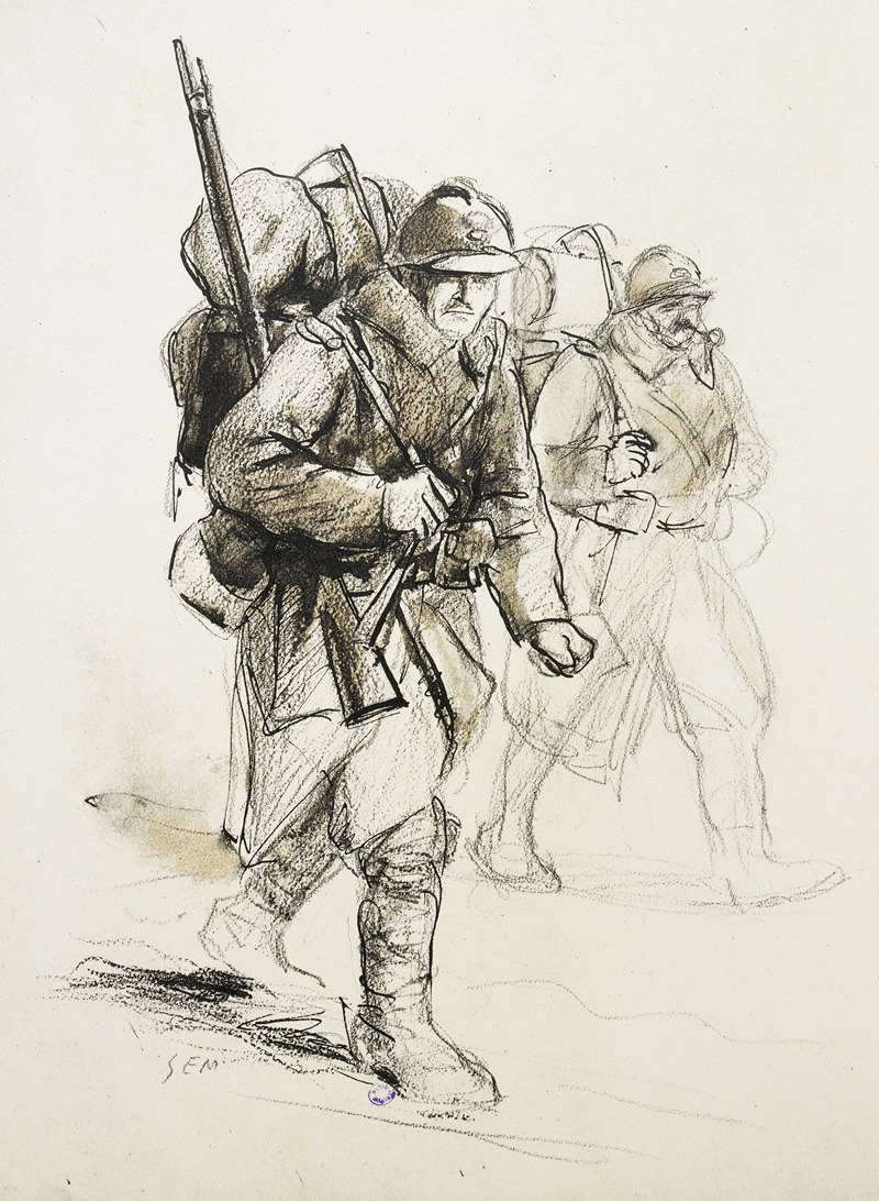 Georges Goursat (Sem) - Deux soldats marchant sur la droite portant leur barda