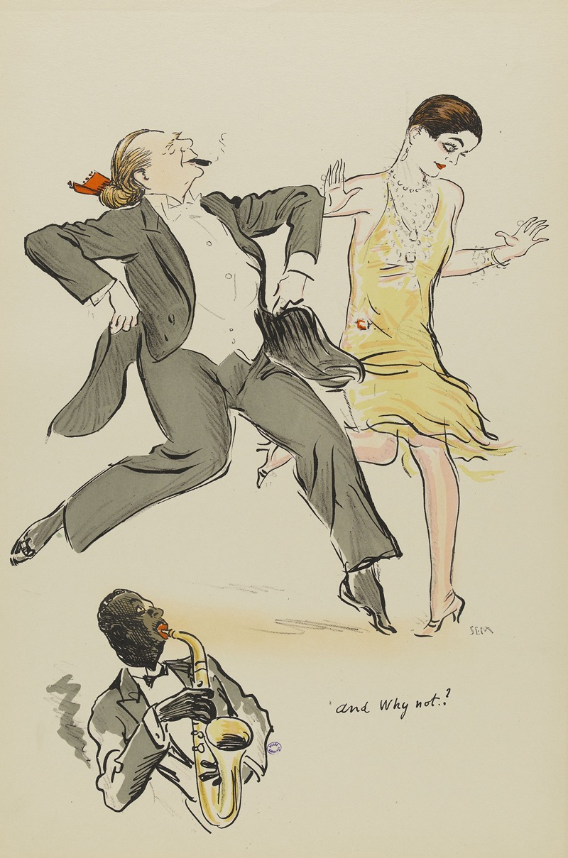Georges Goursat (Sem) - Homme au catogan rouge et femme à la robe jaune dansant