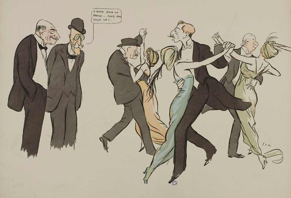Georges Goursat (Sem) - J’aime bien la danse…mais celle-là !; Comte Napoléon Gourgaud, J Hennessy, M Ephrussi, Baron E de Rothschild, comte B de Valon