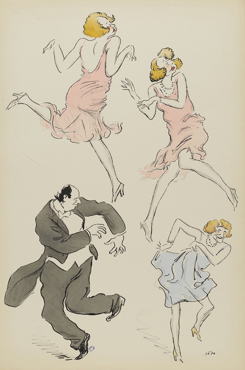 Georges Goursat (Sem) - Maurice de Rothschild, Cécile Sorel en bleu et un personnage féminin en rose