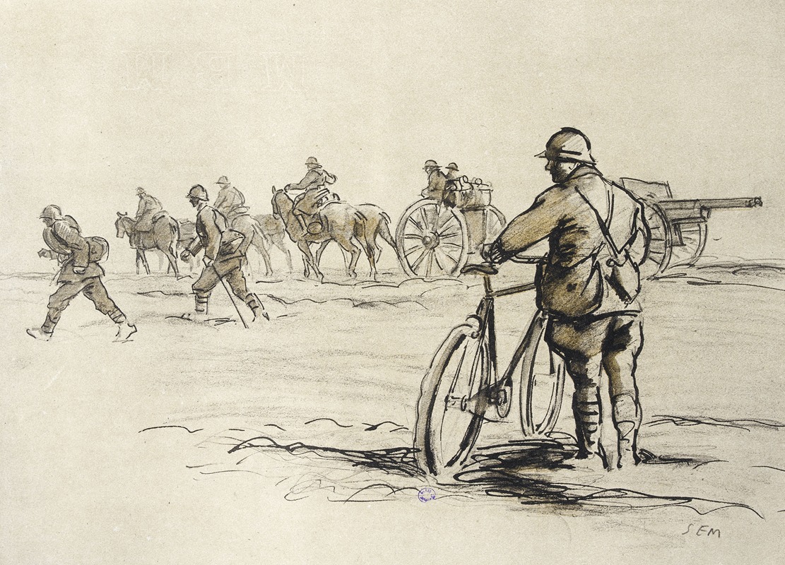Georges Goursat (Sem) - Soldat à bicyclette regardant passer un convoi