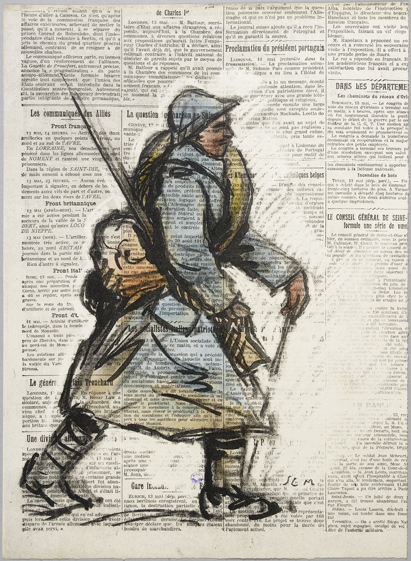 Georges Goursat (Sem) - Soldat marchant vers la droite sur fond de papier journal