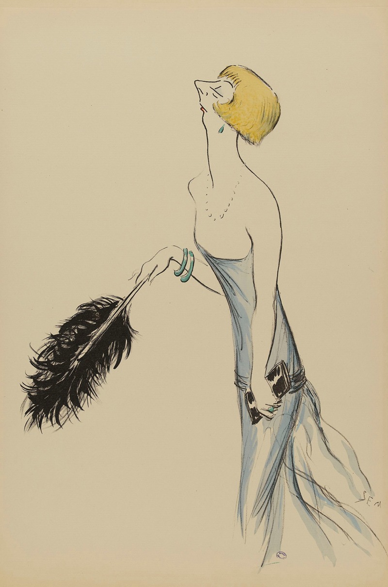 Georges Goursat (Sem) - une femme en robe bleue tenant une plume d’autruche noire