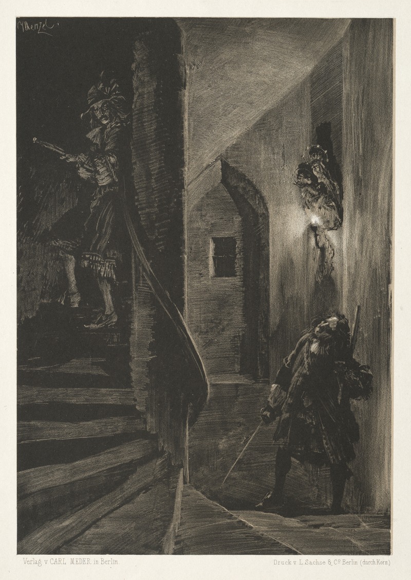 Adolph von Menzel - Essay on Stone with Brush and Scraper; Chase on the Winding Staircase