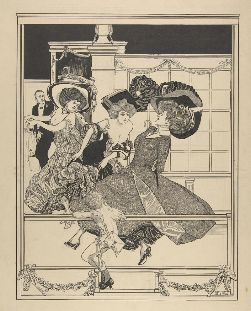 Franz von Bayros - Three Dancing Women in a Restaurant Watched by Cupid