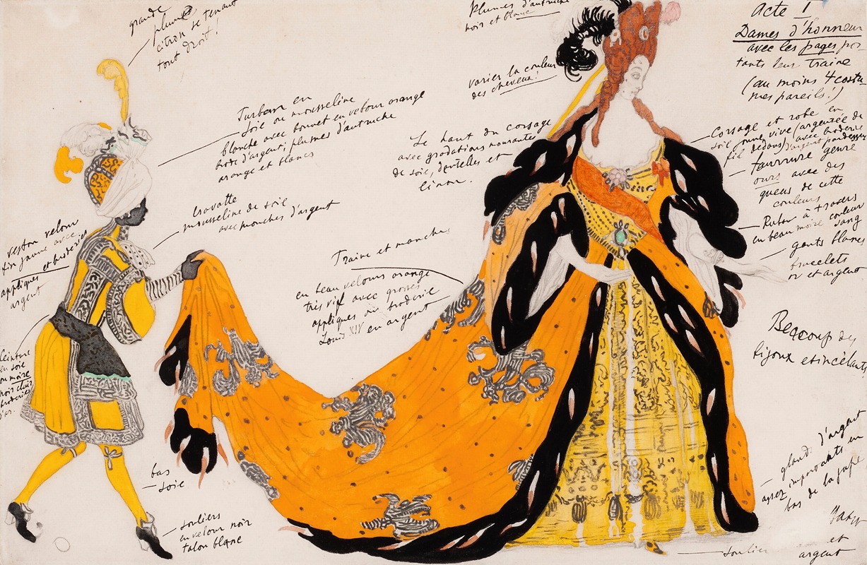 Léon Bakst - Costume design for ‘La Belle au bois dormant’; Dame d’honneur avec le page portant le train