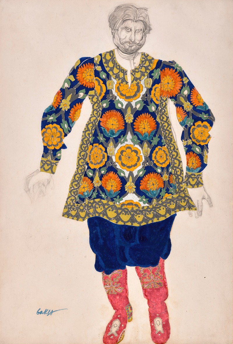 Léon Bakst - Costume design for ‘Sadko’; Man with embroidered shirt and red boots