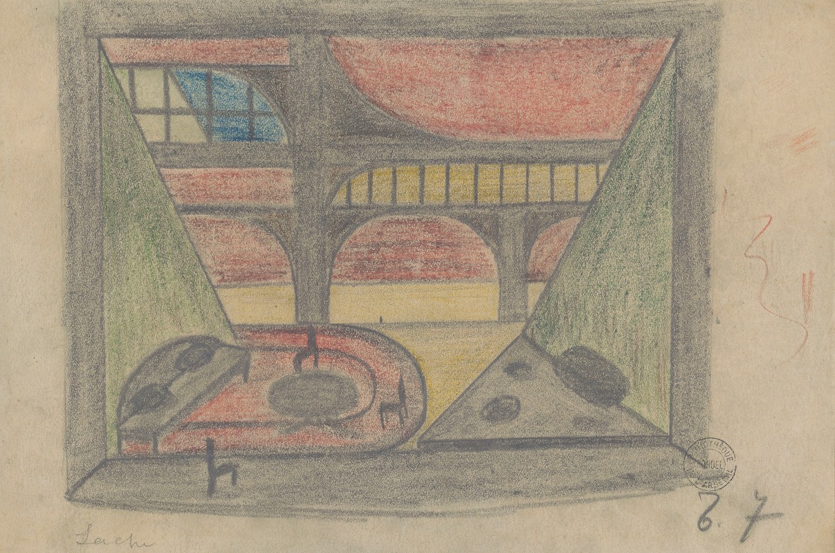 Georges Pitoëff - Le Lâche – maquette de décor – salle avec galerie, table et canapé, tableau 7