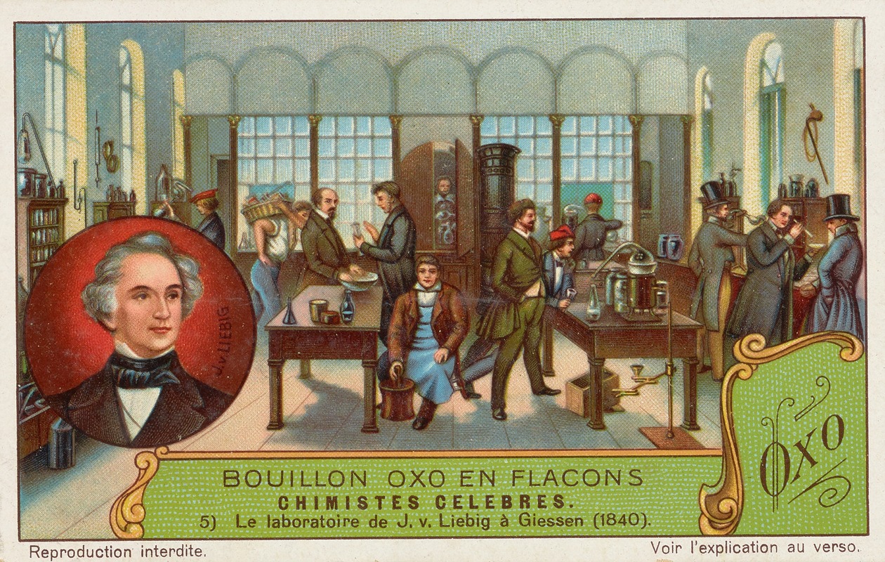 Liebig's Extract of Meat Company - Trade card for Bouillon Oxo en Flacons with Justus von Liebig in Giessen in 1840