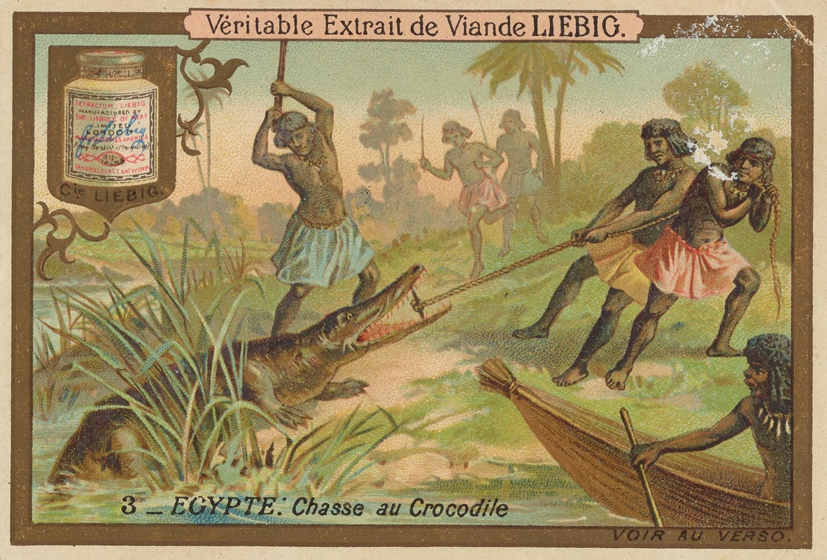 Liebig's Extract of Meat Company - Trade card for Véritable Extrait de Viande Liebig with crocodile chase in Egypt