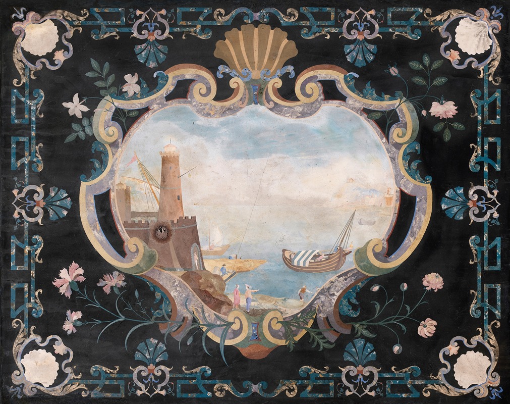 Pietro Belloni - Scagliola Console Tabletop with a Seascape