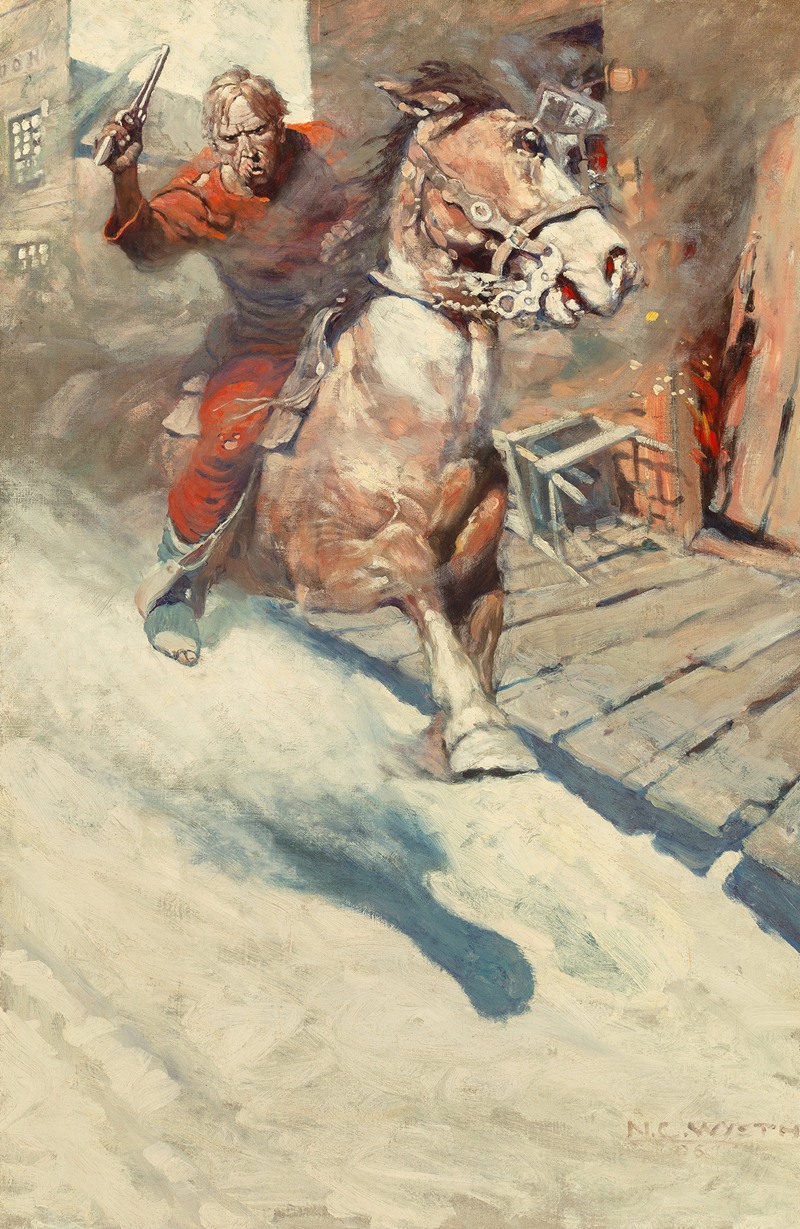 N. C. Wyeth - Mr. Cassidy … Saw a crimson rider sweep down upon him … Heralded by a blazing .41