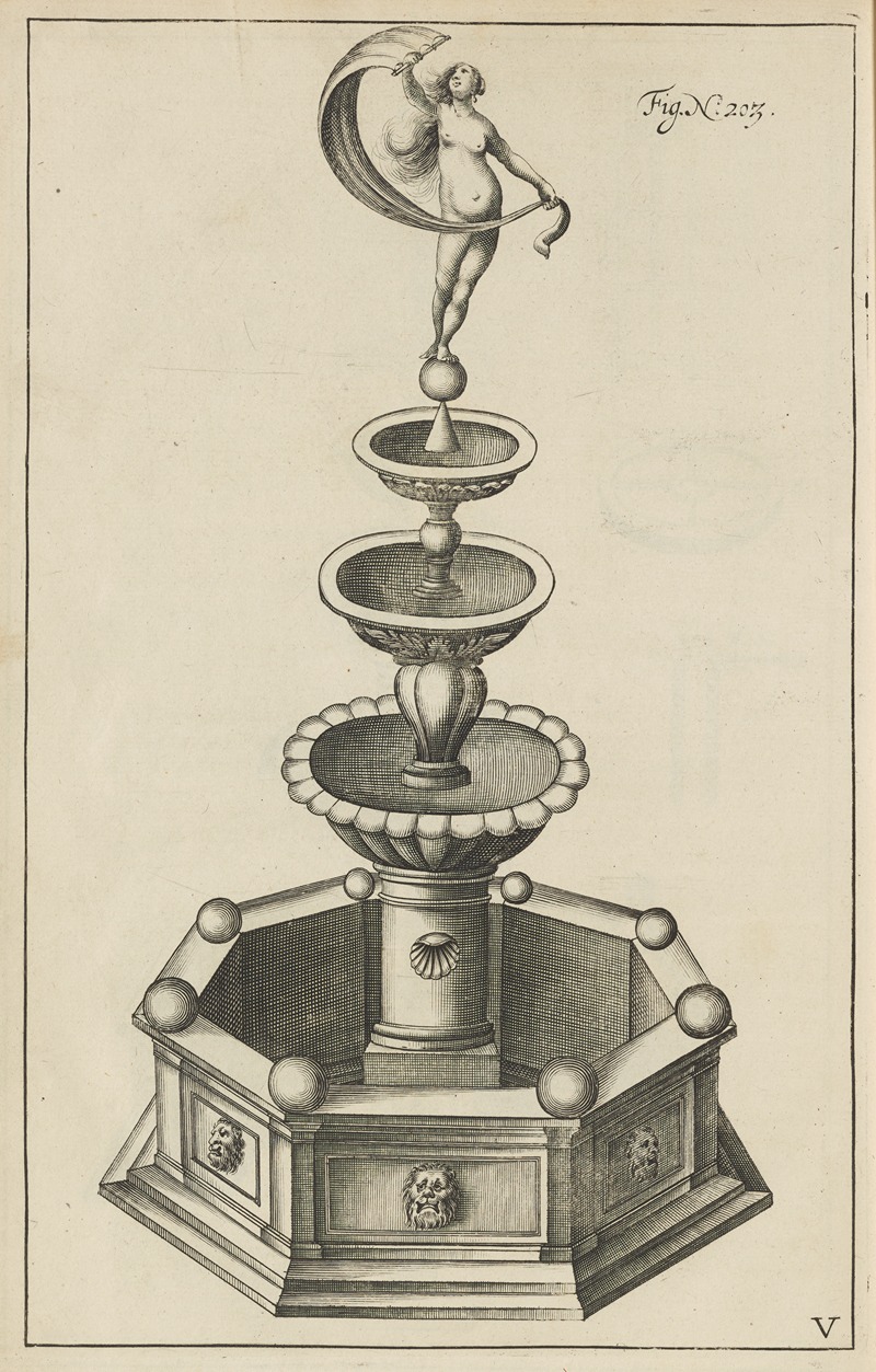 Jacob van Meurs - Plate V: Pyrotechnic set piece of Fortuna (exterior)