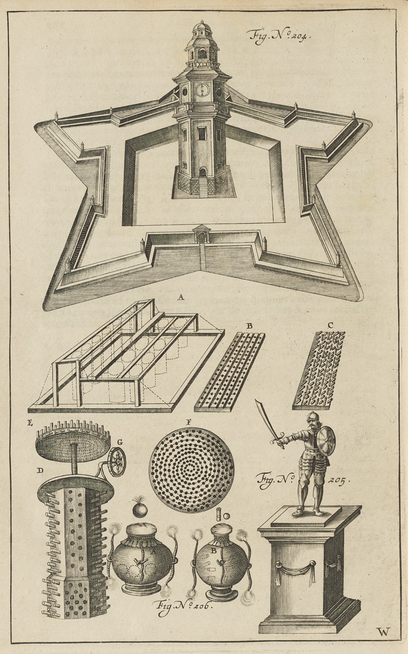 Jacob van Meurs - Plate W: Pyrotechnic set piece of a fortified castle: triumphal statue: military pyrotechnics