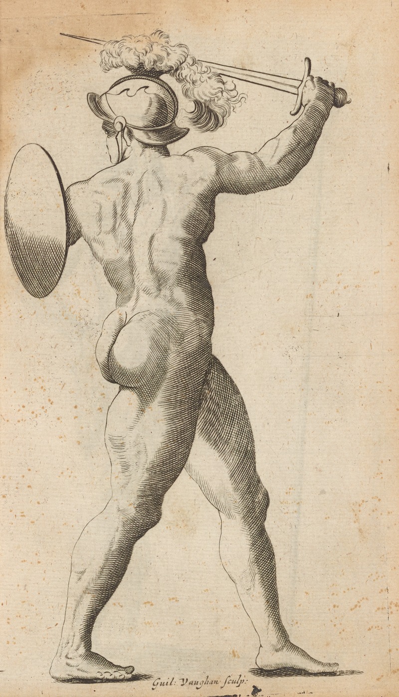 William Salmon - Plate VIII: Artist study of nude male soldier with shield and sword
