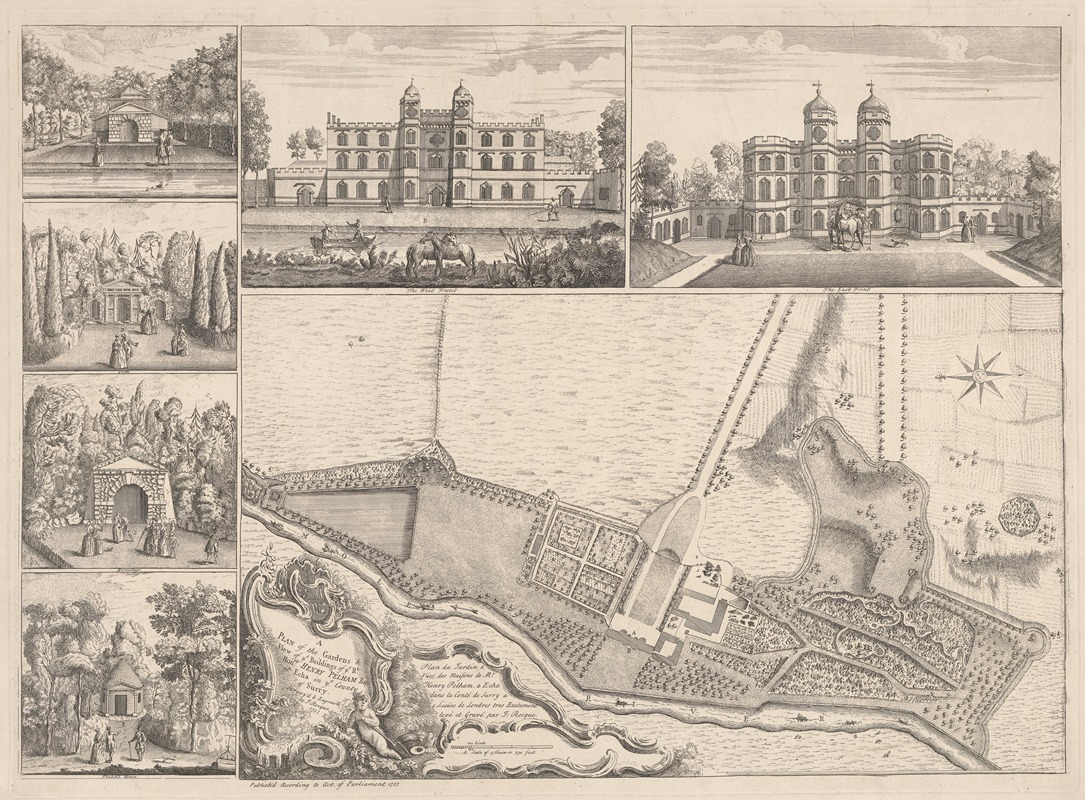 John Rocque - A Plan of the Gardens & View of Ye Buildings of ye Right Honorable Henry Pelham, Esqr. at Echa in Ye County of Surrey