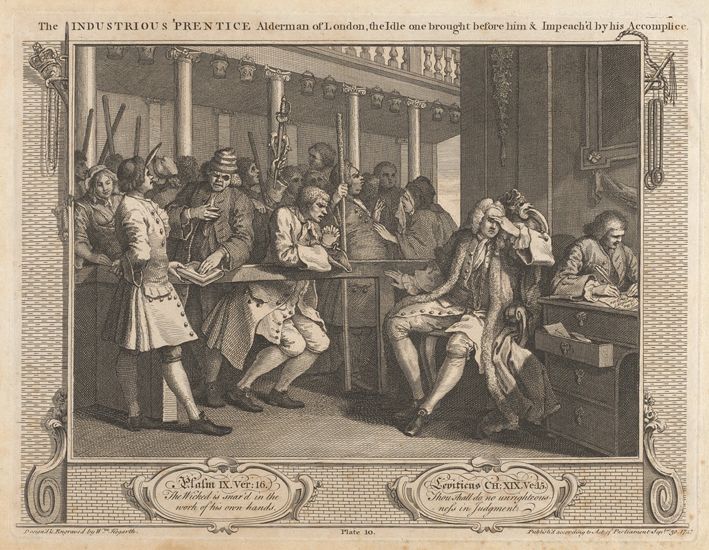 William Hogarth - Plate 10, The Industrious ‘Prentice Alderman of London, The Idle One Brought Before him & Impeach’d by his Accomplice
