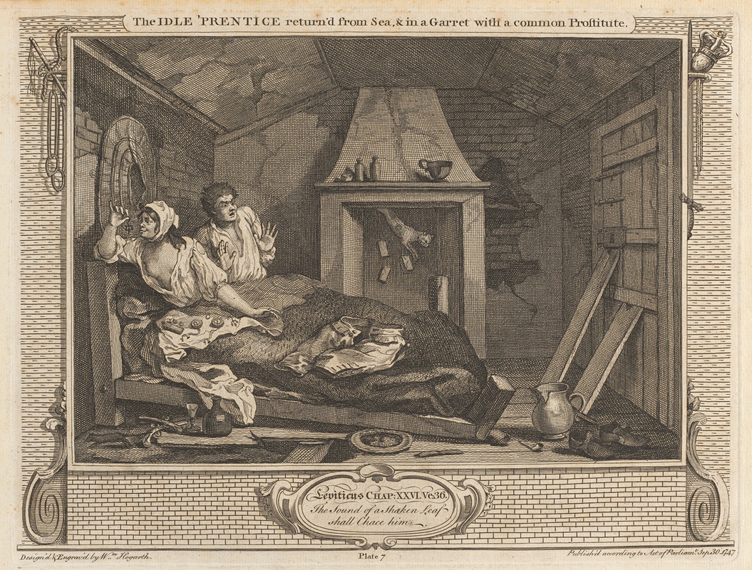 William Hogarth - Plate 7, The Idle ‘Prentice Returned from Sea and in a Garret with a Common Prostitute