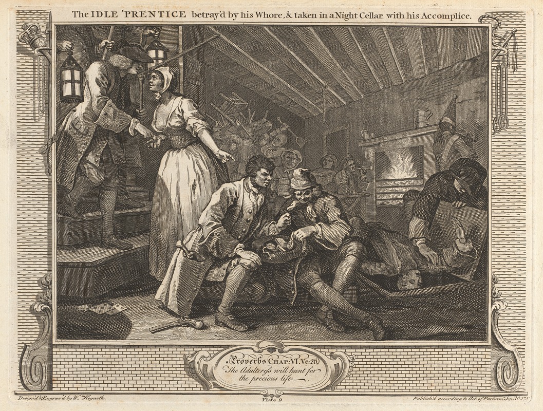 William Hogarth - Plate 9, The Idle ‘Prentice Betrayed by his Whore and Taken in a Night Cellar with his Accomplice