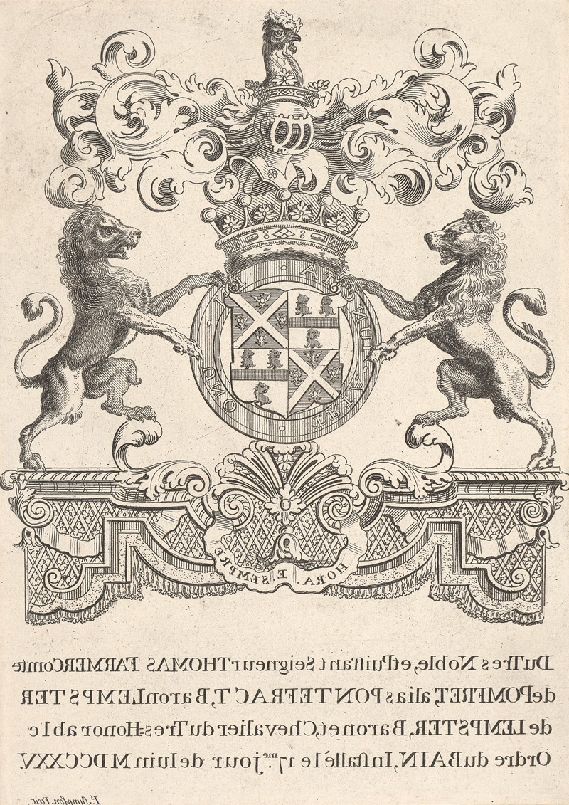 Joseph Sympson - Coat of Arms of Thomas Farmer, Duke of Pomfret, alais Pontefract, Baron Lempster of Lempster