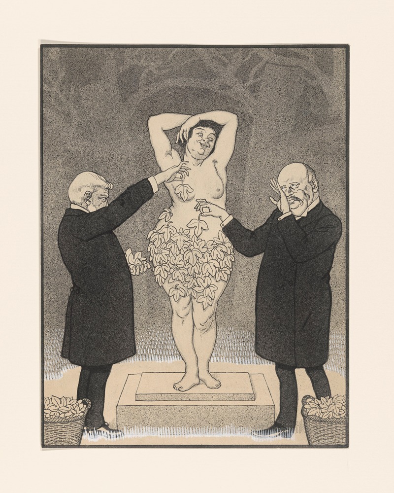 Albert Hahn - twee heren bedekken een staande naakte vrouw met vijgebladeren