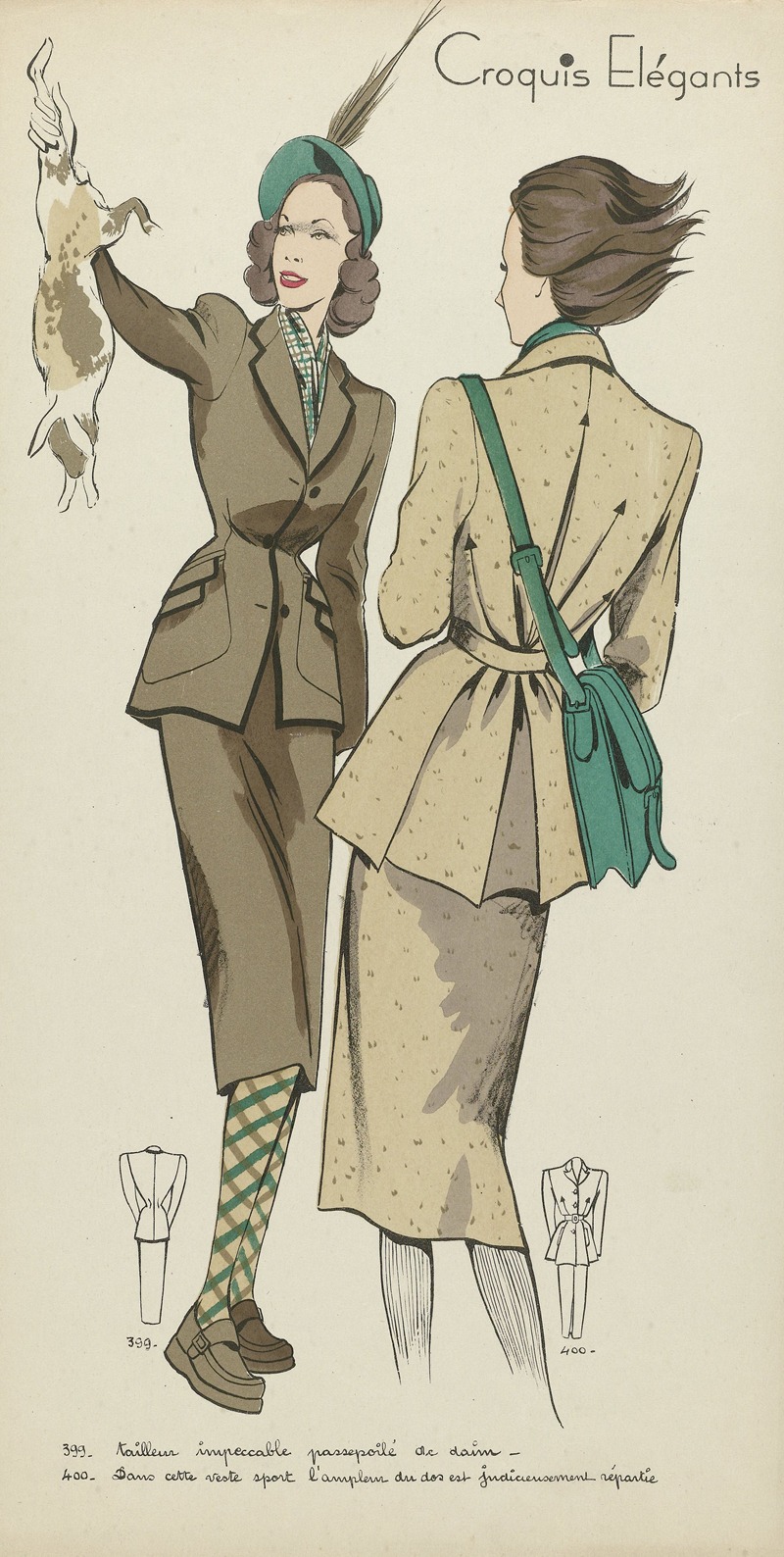 Anonymous - Croquis Elégants, ca. 1948, No. 399 en No. 400 ;Tailleur impeccabl