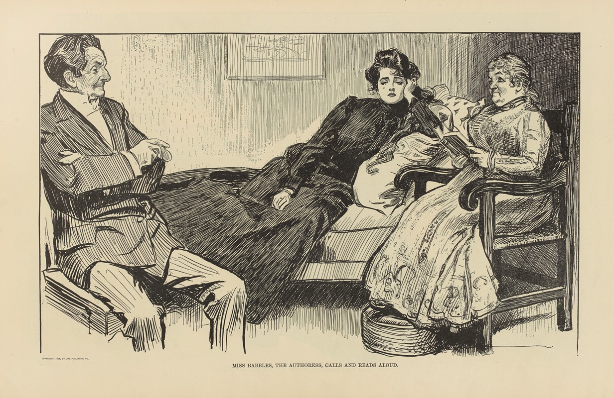 Charles Dana Gibson - Miss Babbles, the authoress, calls and reads aloud