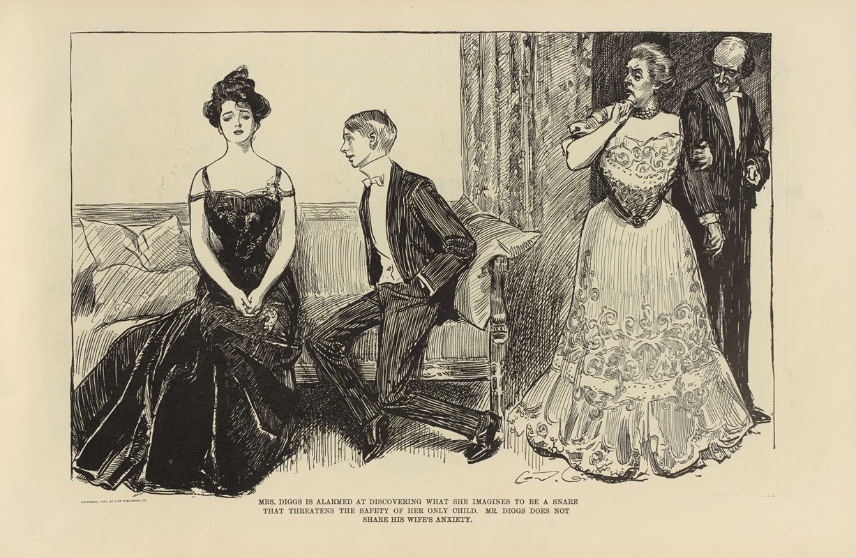 Charles Dana Gibson - Mrs. Diggs is alarmed at discovering what she imagines to be a snare…