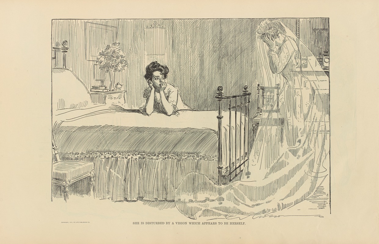 Charles Dana Gibson - She is disturbed by a vision which appears to be herself