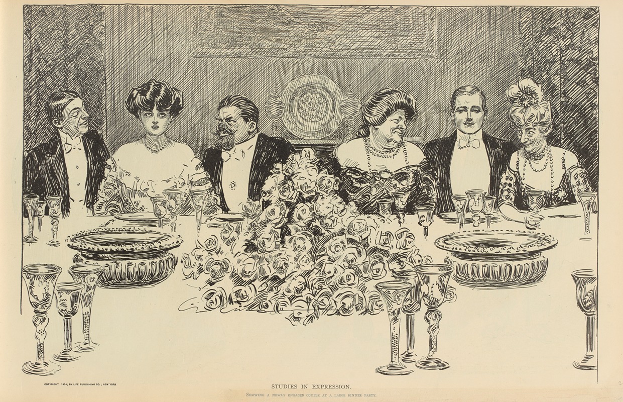 Charles Dana Gibson - Studies in expression. Showing a newly engaged couple at a large dinner party