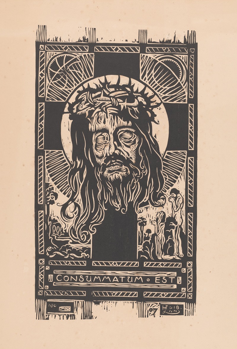 Huib Luns - Hoofd van Christus met doornkrans voor een kruis, aanbeden door een man en vrouw
