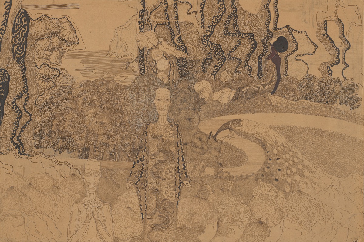 Karel de Nerée tot Babberich - Allegorische voorstelling met figuren en een pauw in een tuin