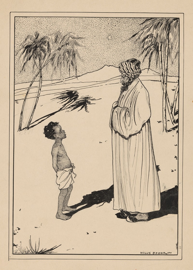 Nelly Spoor - Jongen en man met tulband in een woestijnlandschap